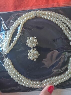 Classic Ivory Pearl Multi-Strand Necklace with Floral Pearl Earrings